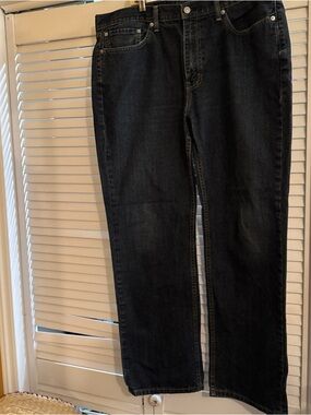 Levi's Tan Leather Patch with Red Logo on Blue Denim